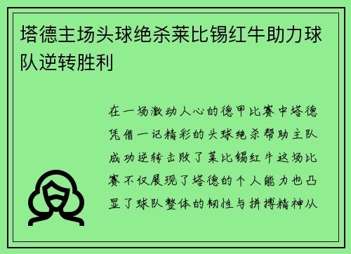 塔德主场头球绝杀莱比锡红牛助力球队逆转胜利 塔德主场头球绝杀莱比锡红牛助力球队逆转胜利